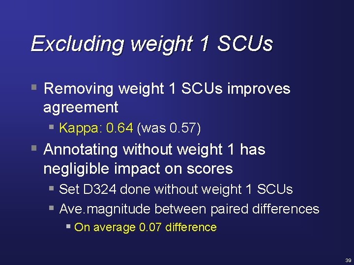 Excluding weight 1 SCUs § Removing weight 1 SCUs improves agreement § Kappa: 0.