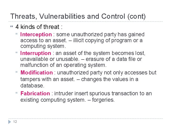 Threats, Vulnerabilities and Control (cont) 4 kinds of threat : 12 Interception : some