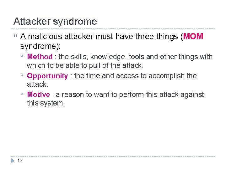 Attacker syndrome A malicious attacker must have three things (MOM syndrome): 13 Method :