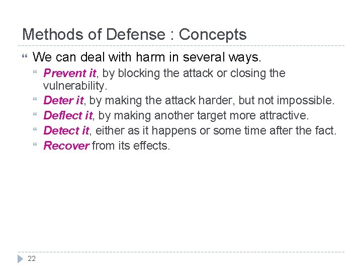 Methods of Defense : Concepts We can deal with harm in several ways. 22