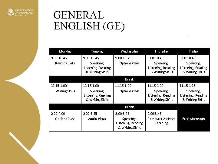 GENERAL ENGLISH (GE) Monday 9. 00 -10. 45 Reading Skills Tuesday 9. 00 -10.