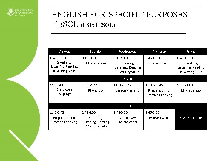ENGLISH FOR SPECIFIC PURPOSES TESOL (ESP: TESOL) Monday Tuesday Wednesday 8. 45 -10. 30