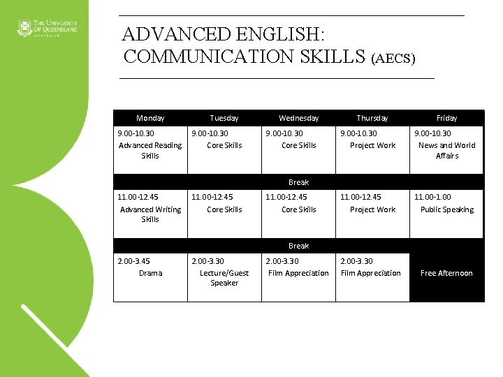 ADVANCED ENGLISH: COMMUNICATION SKILLS (AECS) Monday 9. 00 -10. 30 Advanced Reading Skills Tuesday
