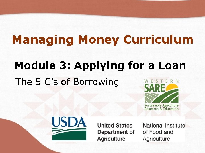 Managing Money Curriculum Module 3: Applying for a Loan The 5 C’s of Borrowing
