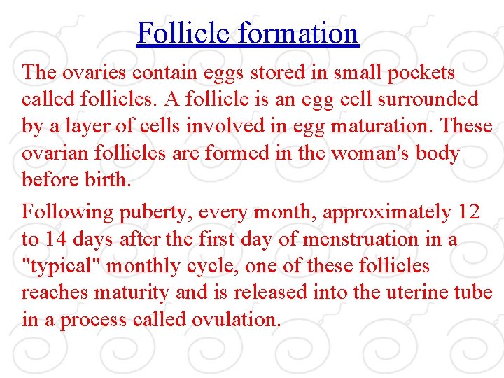 Follicle formation The ovaries contain eggs stored in small pockets called follicles. A follicle