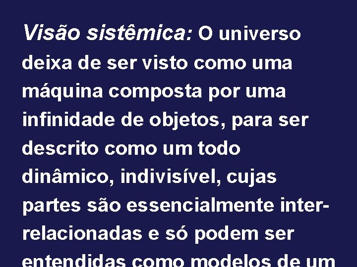 Visão sistêmica: O universo deixa de ser visto como uma máquina composta por uma