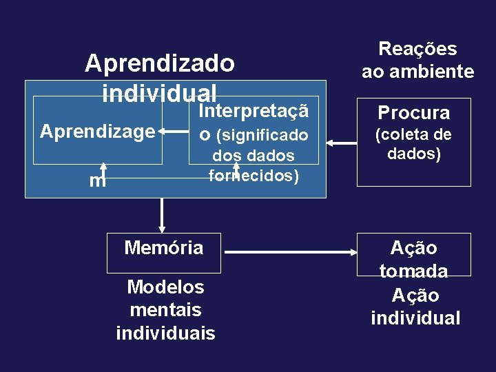 Aprendizado individual Aprendizage Interpretaçã o (significado m dos dados fornecidos) Memória Modelos mentais individuais