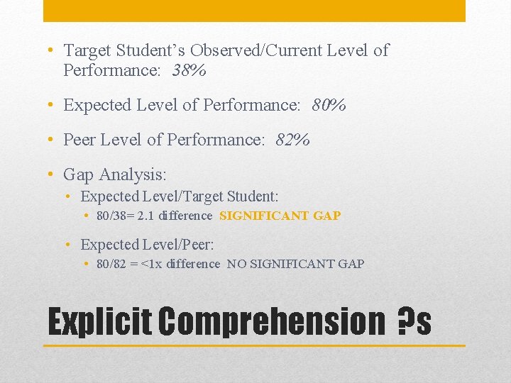  • Target Student’s Observed/Current Level of Performance: 38% • Expected Level of Performance: