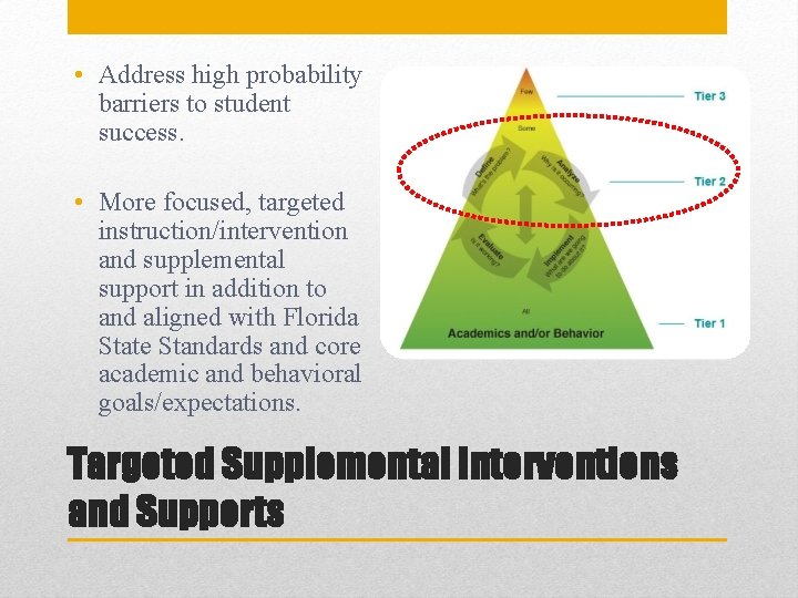  • Address high probability barriers to student success. • More focused, targeted instruction/intervention