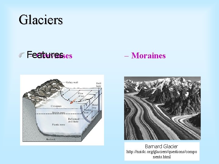 Glaciers Features – Crevasses – Moraines Barnard Glacier http: //nsidc. org/glaciers/questions/compo nents. html 