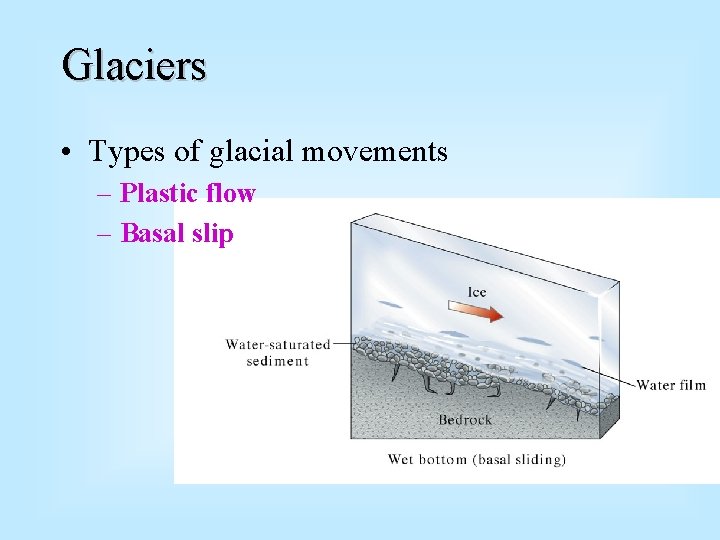 Glaciers • Types of glacial movements – Plastic flow – Basal slip 