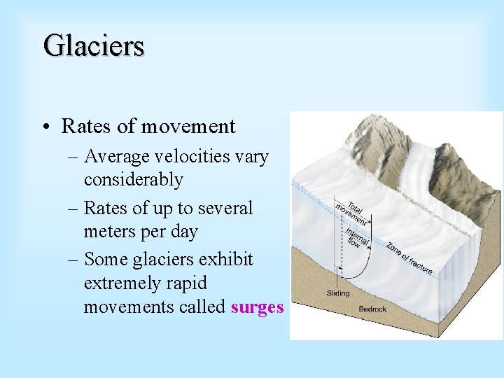 Glaciers • Rates of movement – Average velocities vary considerably – Rates of up