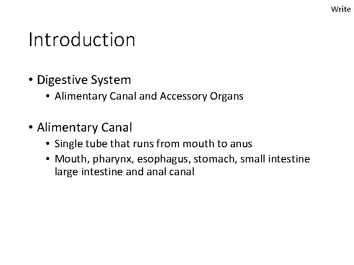 Write Introduction • Digestive System • Alimentary Canal and Accessory Organs • Alimentary Canal