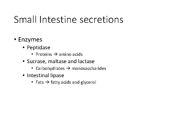 Small Intestine secretions • Enzymes • Peptidase • Proteins amino acids • Sucrase, maltase