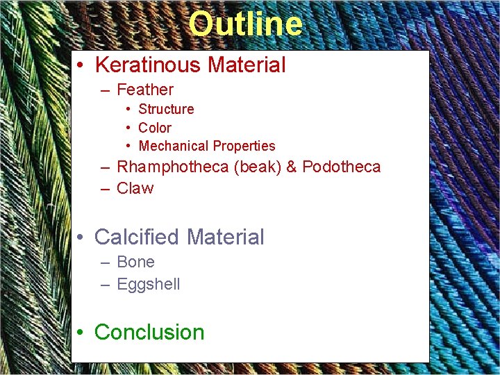 Outline • Keratinous Material – Feather • Structure • Color • Mechanical Properties –