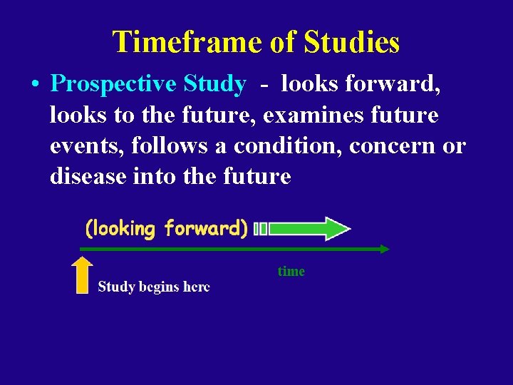 Timeframe of Studies • Prospective Study - looks forward, looks to the future, examines