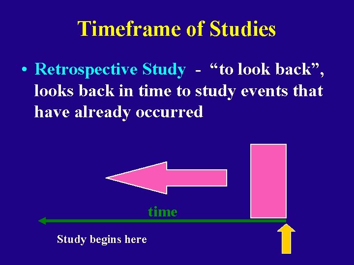 Timeframe of Studies • Retrospective Study - “to look back”, looks back in time