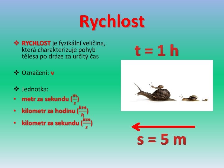 Rychlost • t = 1 h s s = 5 m 