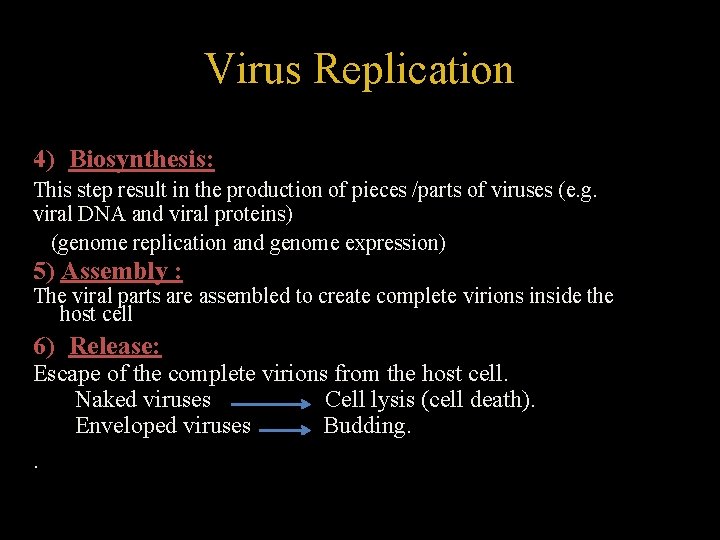 Virus Replication 4) Biosynthesis: This step result in the production of pieces /parts of