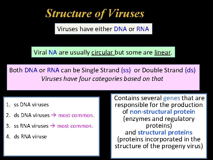 Structure of Viruses have either DNA or RNA Viral NA are usually circular but