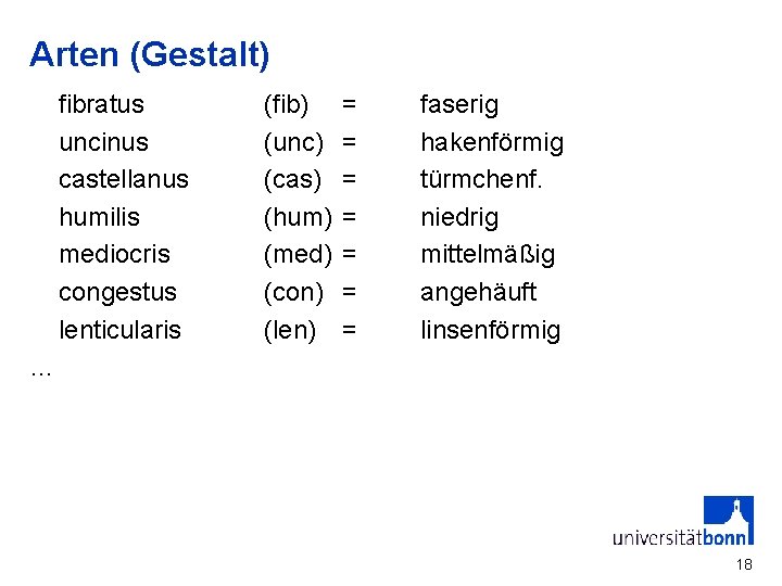 Arten (Gestalt) fibratus uncinus castellanus humilis mediocris congestus lenticularis (fib) (unc) (cas) (hum) (med)