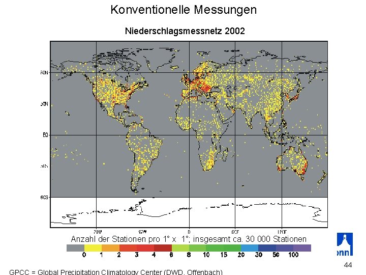 Konventionelle Messungen Niederschlagsmessnetz 2002 Fehlerquellen: Anzahl der Stationen pro 1° x 1°; insgesamt ca.