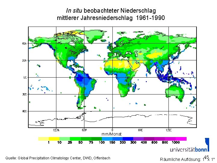In situ beobachteter Niederschlag mittlerer Jahresniederschlag 1961 -1990 mm/Monat Quelle: Global Precipitation Climatology Center,
