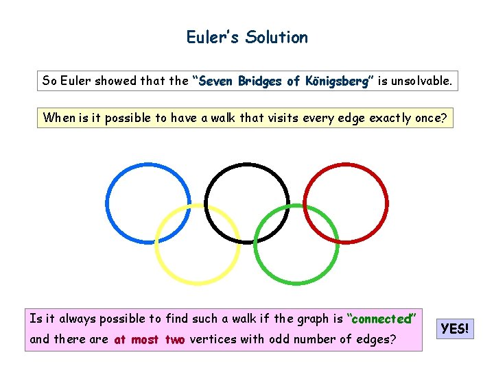 Euler’s Solution So Euler showed that the “Seven Bridges of Königsberg” is unsolvable. When