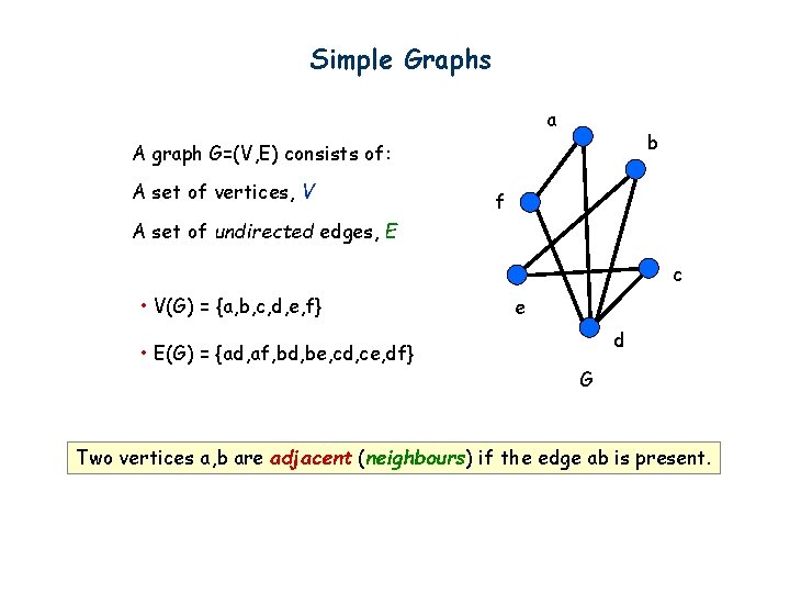 Simple Graphs a b A graph G=(V, E) consists of: A set of vertices,