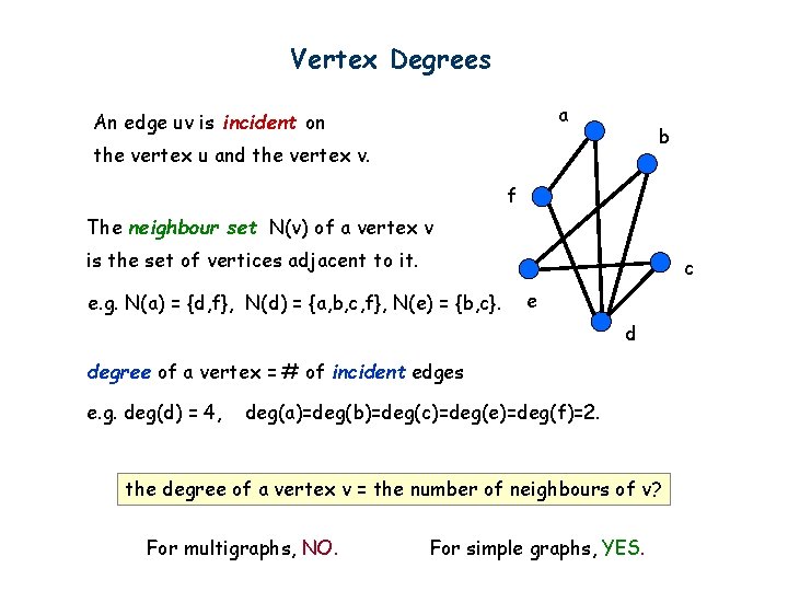 Vertex Degrees a An edge uv is incident on b the vertex u and