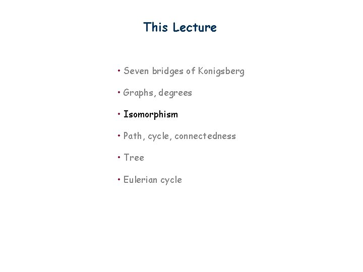 This Lecture • Seven bridges of Konigsberg • Graphs, degrees • Isomorphism • Path,