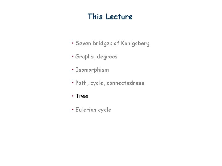 This Lecture • Seven bridges of Konigsberg • Graphs, degrees • Isomorphism • Path,