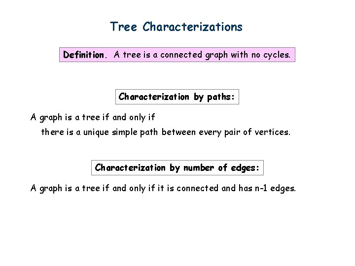 Tree Characterizations Definition. A tree is a connected graph with no cycles. Characterization by