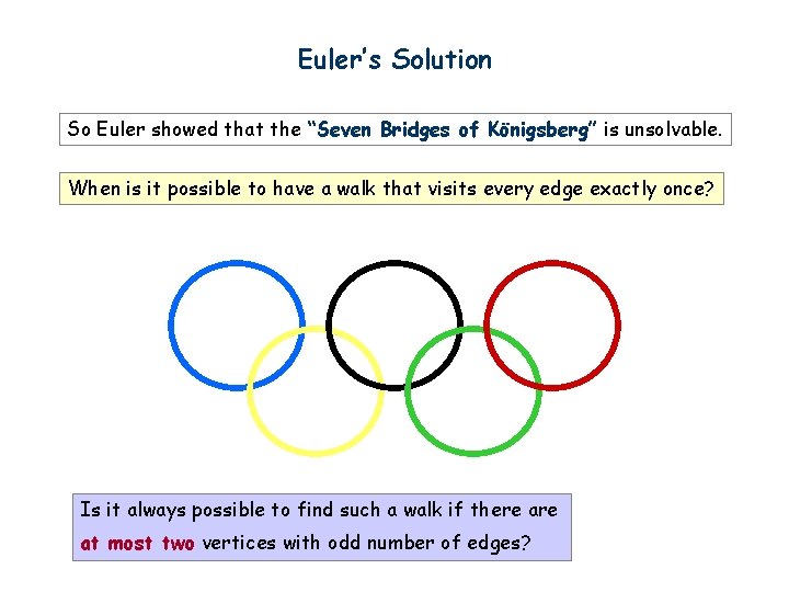 Euler’s Solution So Euler showed that the “Seven Bridges of Königsberg” is unsolvable. When