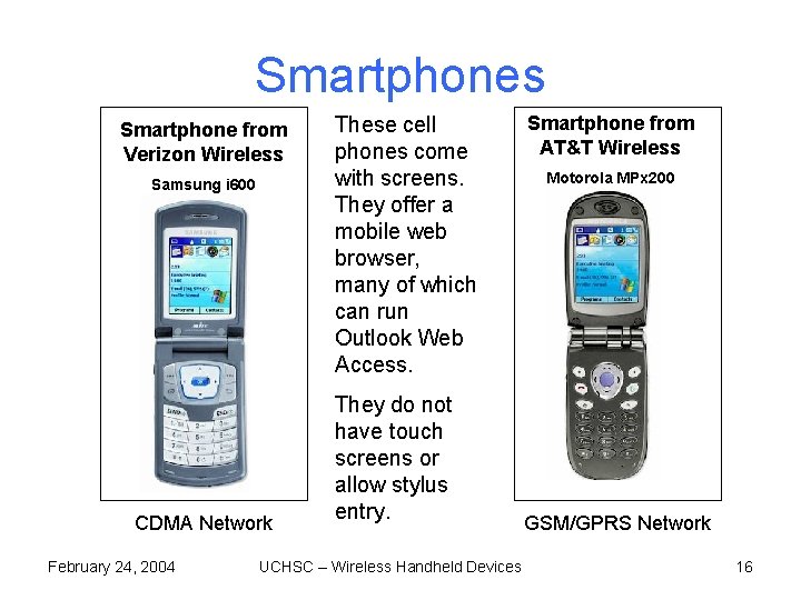 Smartphones Smartphone from Verizon Wireless Samsung i 600 CDMA Network February 24, 2004 These Smartphones Smartphone from Verizon Wireless Samsung i 600 CDMA Network February 24, 2004 These