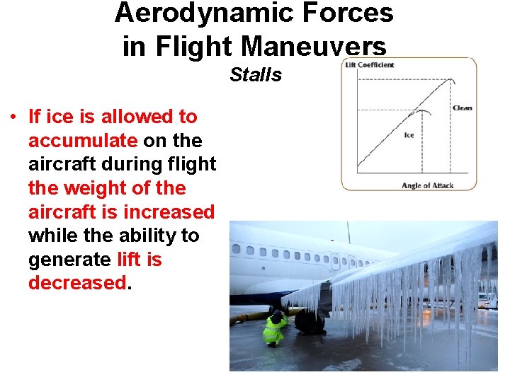 Aerodynamic Forces in Flight Maneuvers Stalls • If ice is allowed to accumulate on