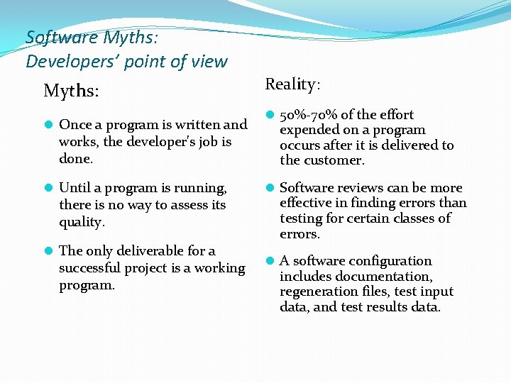 Software Myths: Developers’ point of view Myths: Reality: l Once a program is written