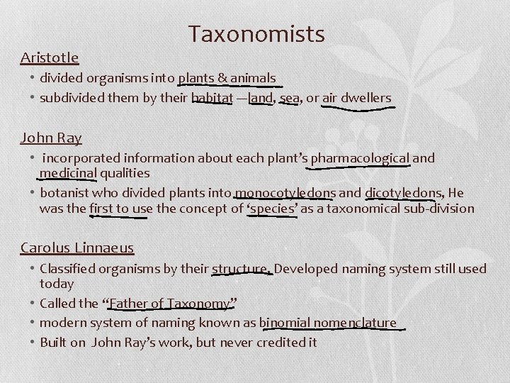 Aristotle Taxonomists • divided organisms into plants & animals • subdivided them by their