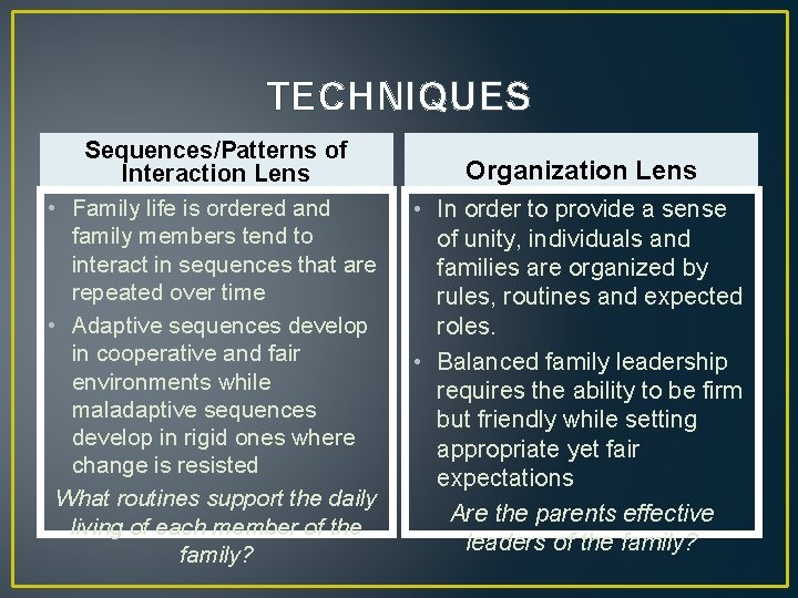TECHNIQUES Sequences/Patterns of Interaction Lens • Family life is ordered and family members tend
