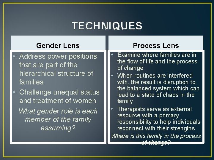 TECHNIQUES Gender Lens Process Lens • Address power positions that are part of the