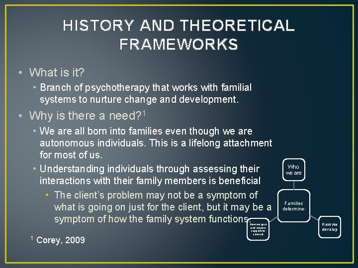 HISTORY AND THEORETICAL FRAMEWORKS • What is it? • Branch of psychotherapy that works