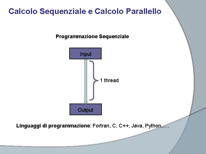 Calcolo Sequenziale e Calcolo Parallello Programmazione Sequenziale Input 1 thread Output Linguaggi di programmazione: