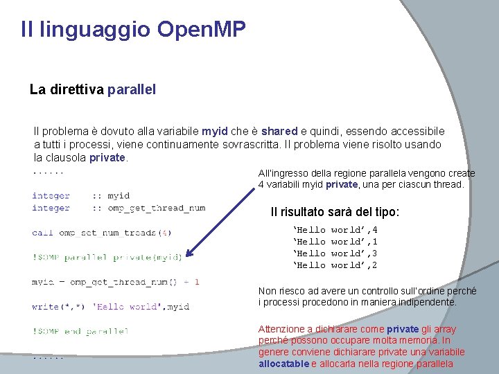 Il linguaggio Open. MP La direttiva parallel Il problema è dovuto alla variabile myid Il linguaggio Open. MP La direttiva parallel Il problema è dovuto alla variabile myid