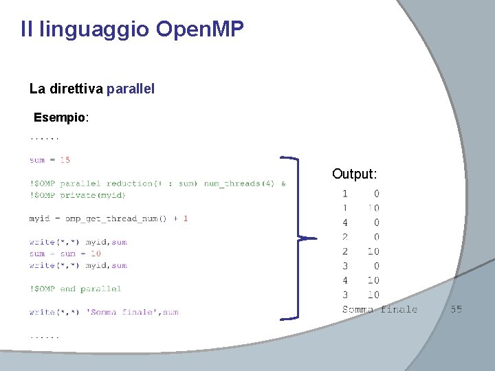 Il linguaggio Open. MP La direttiva parallel Esempio: Output: 