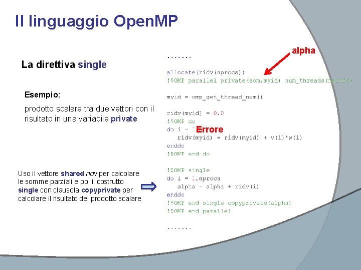 Il linguaggio Open. MP alpha La direttiva single Esempio: prodotto scalare tra due vettori