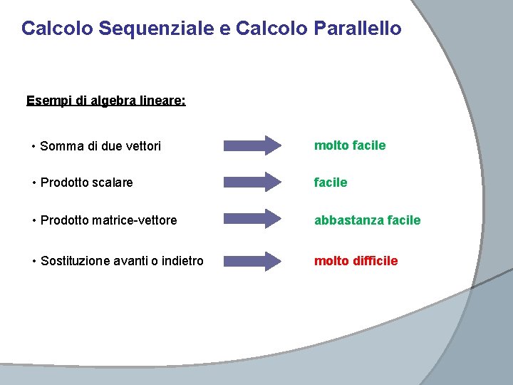 Calcolo Sequenziale e Calcolo Parallello Esempi di algebra lineare: • Somma di due vettori