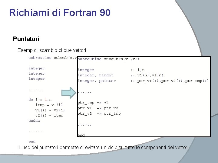 Richiami di Fortran 90 Puntatori Esempio: scambio di due vettori L’uso dei puntatori permette