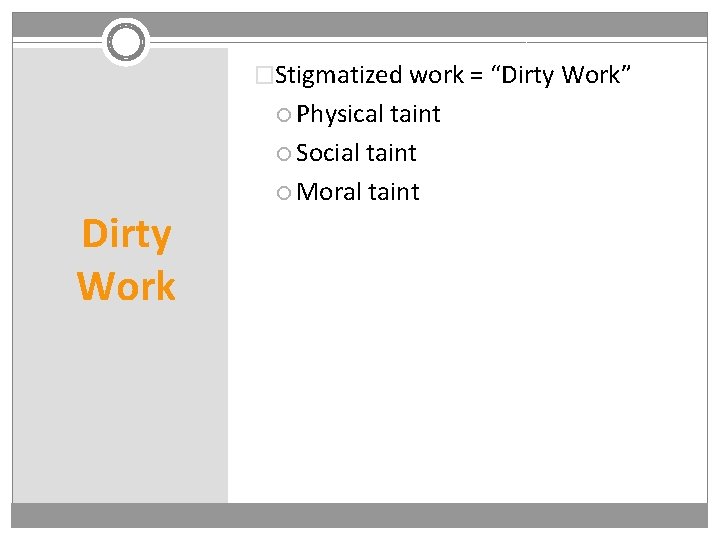 �Stigmatized work = “Dirty Work” Physical Dirty Work taint Social taint Moral taint 