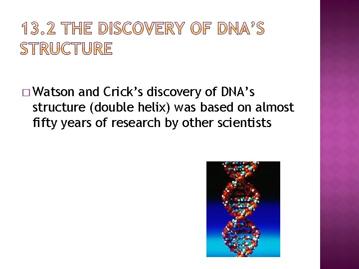 � Watson and Crick’s discovery of DNA’s structure (double helix) was based on almost