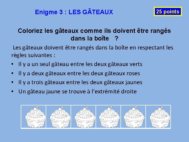 Enigme 3 : LES G TEAUX 25 points Coloriez les gâteaux comme ils doivent